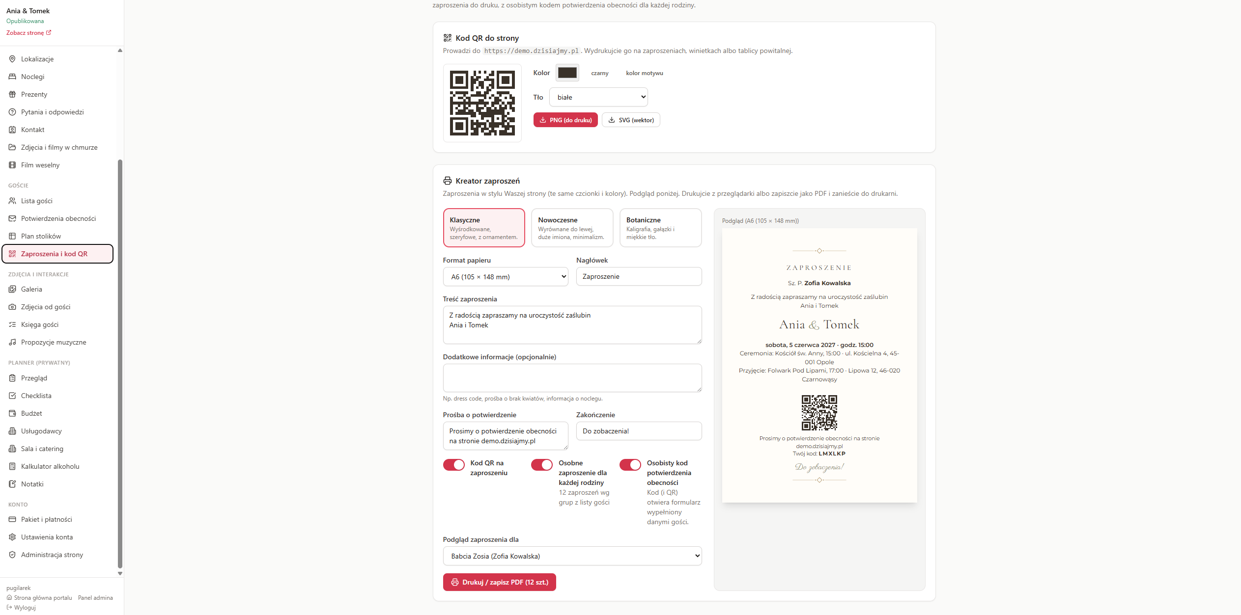 Podgląd: Kreator zaproszeń z kodem QR